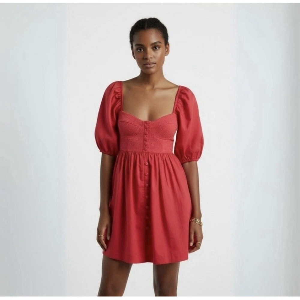 $148 MAEVE x ANTHROPOLOGIE Puff Sleeved Sweetheart‎ Mini Dress, Red Sz Medium